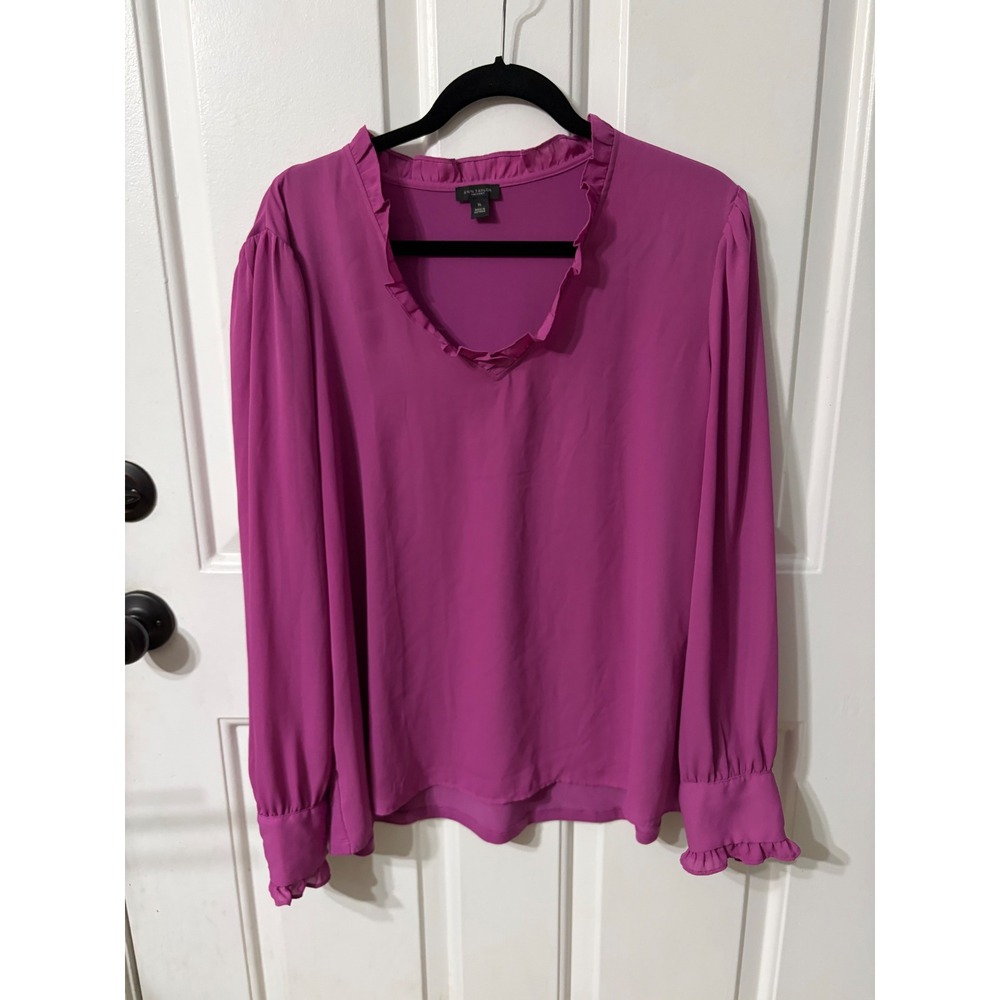 Ann Taylor | Ruffle V-Neck Long Sleeve Blouse | XL || Magenta|